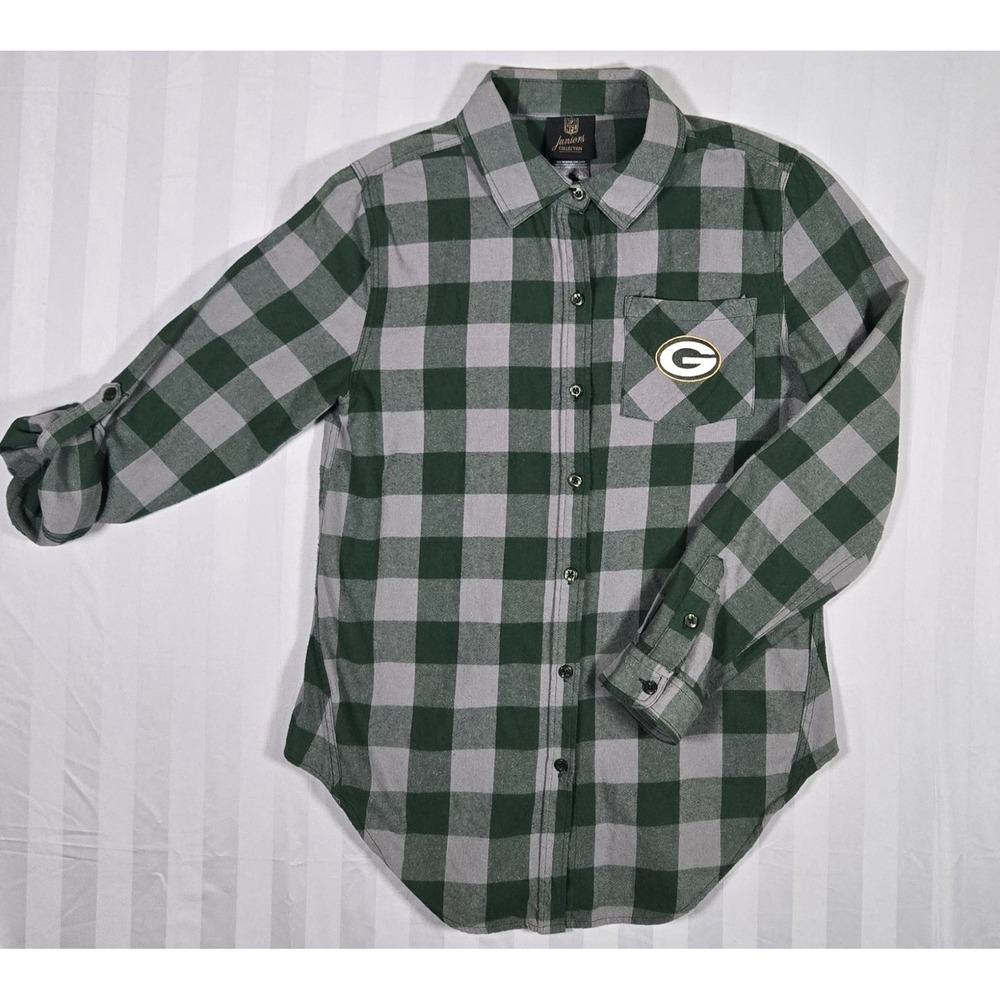 Green Bay Packers NFL Juniors Collection Green Plaid Long Sleeve Shirt Cotton